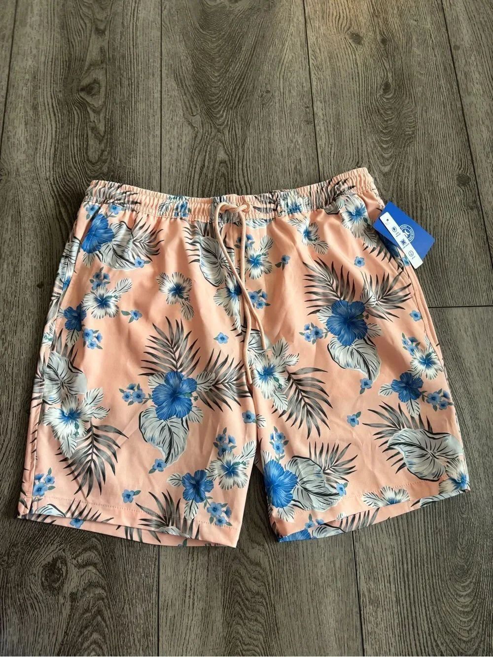 Hurley Men's Peach Floral Swim Trunks with Blue Hibiscus Print